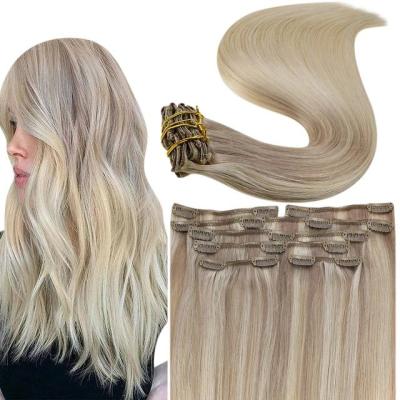 China Full Shine Double Weft Silky Straight Wave Remy Human Hair Clip In Extensions Blonde Balayage #18/22/60 Clip In Hair Extensions for sale