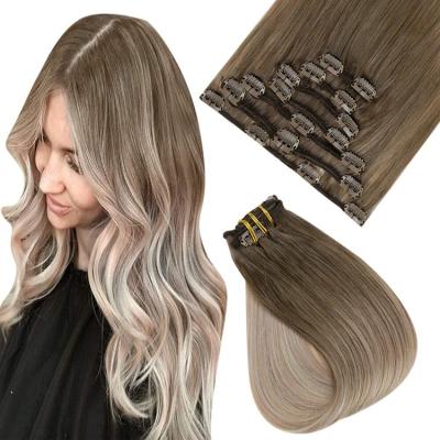 China Wholesale Full Remy Silky Straight Wave Shine Clip In Hair Extensions 100% Blonde Balayage #8/60/18 Hair Clip In Extensions for sale