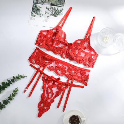 China Spandex/Polyester Temptation Lace Bra Seduction Sheer Lingerie Garter Set Push Up Underwire Cup Bra Sexy Underwear Panties Garter Set #0564 for sale