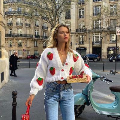 China Anti-wrinkle strawberry embroidery cropped sweater for women knit cardigan Autumn Long Sleeve Loose Flower female sweater 2021 #1593 for sale