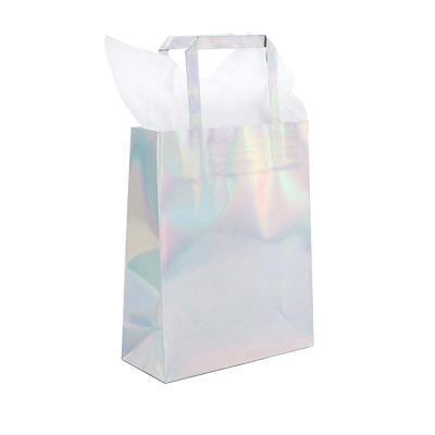 China Recycled Materials Custom Brown Purple Eyelash Glitter Holographic Logo Gift Tissue Packaging Paper Bag Logo Foil Shopping Bag With Hologram Print for sale