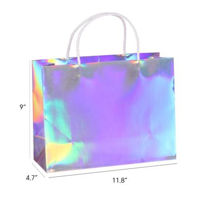 China Recycled Materials Customized Business Promotion Rainbow Laser Hologram Holographic Gloss Matte Coated Gift Paper Bag With Bow For Eyelash Makeup for sale