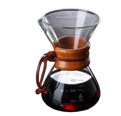 China Wholesale 400ML Vintage Heat Glass Coffee Maker Pour Over Stovetop Tea Kettle Coffee Safe Blooming Pot With Wooden Stand for sale