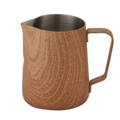 China Vintage Amazon Hit Wood Texture Stainless Steel Coffee Jug Milk Jug Frothing Pitcher For Bartender Milk Pitcher for sale