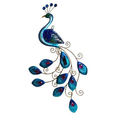 China Solar Powered Metal Art Peacock Home Wall Decor Glass Slab Glass Hanging Sculpture Peacock Home Wall Decor for sale