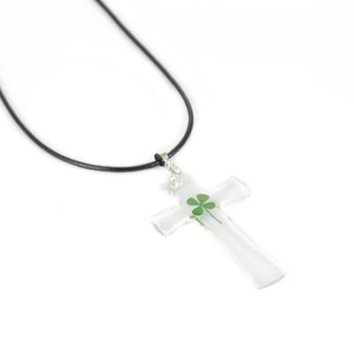 China Women Religious Transparent Sensitive Cross Necklace Resin Pattern Four Clover Leaf Fashion Handmade Jewelry for sale