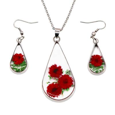 China Acrylic creative natural dry flower with transparent resin outer women/girl's fashion necklace and earrings red set for sale