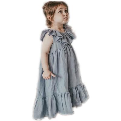 China Fashion Baby Girls Summer Dress Kids Organic Cotton Solid Blue Casual Anti-Static Clothing Baby Sleeveless Dress for sale