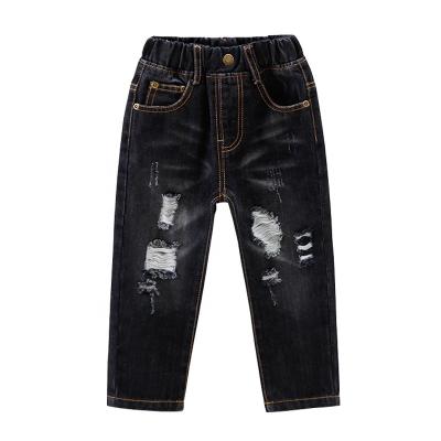 China Color Fade Proof OEM Fashion Toddler Distressed Kids Jeans Blue Ripped Logo Baby Boys Denim Toddler Jeans Custom Made for sale