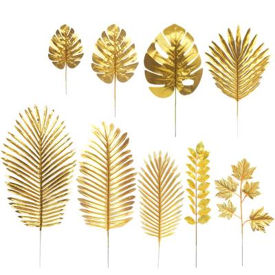 China Large Real Touch PL1005 Faux Leaf Gold Palm Leaves Natural Artificial Tropical Jungle Beach Turtle Leaf For Party Decor Birthday for sale