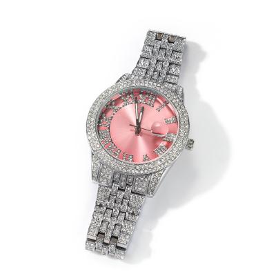 China New Fashion Couples Punk Border Watch Full Diamond Pink Round Large Dial Waterproof Hip Hop Quartz Watch For Men for sale