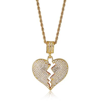 China New Punk Broken Heart Pendant Necklace Gold And Silver Zirconia Hip Hop Necklace With Rope Chain For Men for sale