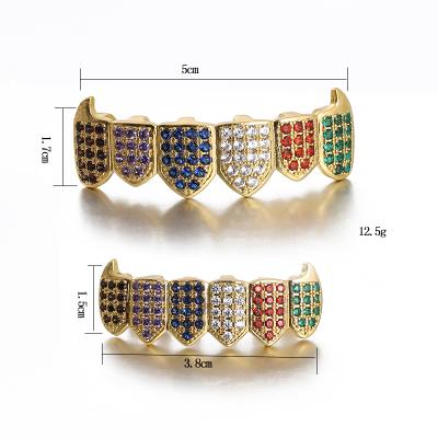 China New Hip Hop Color Zircon Teeth Full Grid European And American Geometric Six Color Micro Inlaid Zircon Teeth Grillz for sale