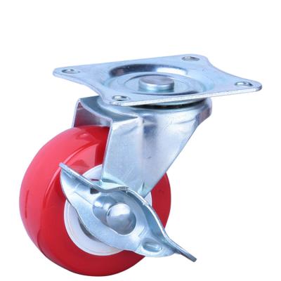 China Modern Premium Red Furniture PU Caster Wheel Swivel Screw Side Brake Fix Light Duty for sale