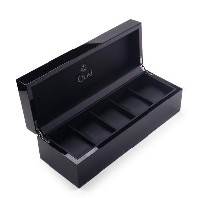 China Wood 5 Slots High End Piano Watch Box Glossy Black Lacquered Wooden Watch Storage Box Case for sale