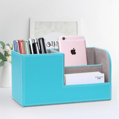 China Handmade Leather Remote Control Desk Phone Storage Boxes Makeup Cosmetics Box PU Desktop Home Organizer Stand for sale