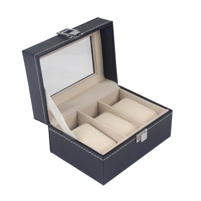 China Gift Packing MDF 3 Slots Watch Box Leather Lock Clamshell Watch Case With Stained Glass for sale