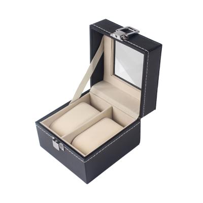 China Wholesale Leatherette Watch Box Black Classic 2 Slots PU Leather Watch Box With Stained Glass for sale