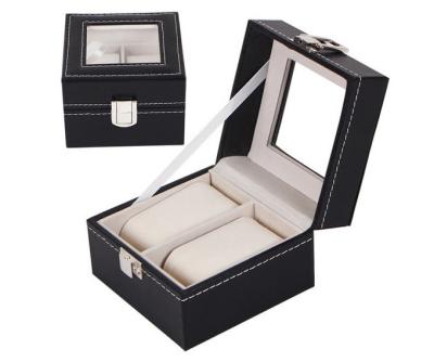 China Wholesale Classic Black Leather Gift PU Watch Box With Stained Glass , 2 Slots Watch Box for sale