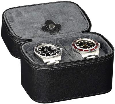 China Jewelry Watch Storage Organizer Box Black Leather Double Watches Travel Case With Zipper for sale