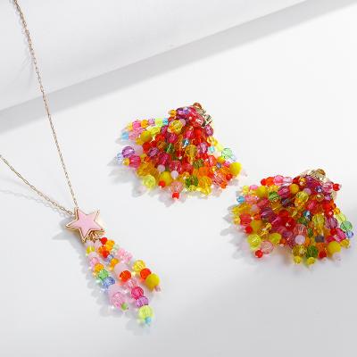 China 2022 Summer Crystal Beads Ear Clip Earrings Joyful Star Tassel Colorful Beads Pendant Necklace For Women for sale