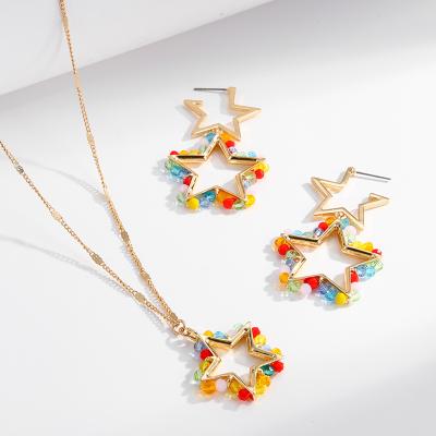 China 2022 Summer Rainbow Color Crystal Beads Star Earrings Gold Colorful Beads Plated Necklace Chain Pendant Jewelry Set For Women for sale