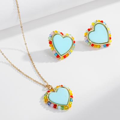 China Colorful Beads 2022 Summer Design Valentine's Day Gift Colorful Beads Blue Acrylic Heart Necklace Statement Earring Women Jewelry Pendant Set for sale