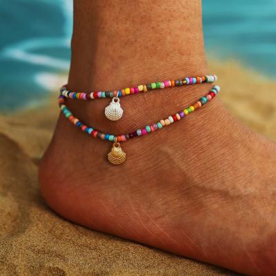 China 2021 Fashion Beach Color Rainbow Handmade Bohemian Seed Beads Charm Anklet Anklet Vintage Shell Pendant For Women Jewelry for sale