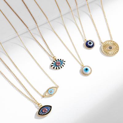 China Retro European Mystical Blue Evil Eye Turkish Devil's Eye Rhinestone Necklace Copper With Zircon Enamel Blue Evil Eye Pendant Necklace for sale