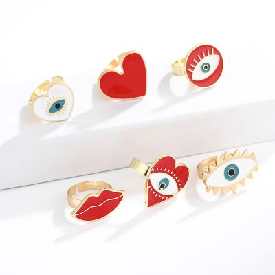 China European Heart Evil Eye Ring Fashion Punk Alloy Heart Enamel Adjustable Ring Gold Plated Red Lip Evil Eye Ring for sale