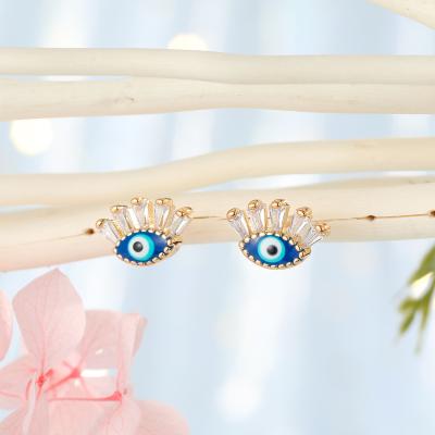 China Simple Zircon Evil Eye Stud Earrings Vintage Gold Plated Enamel Evil Eye Eyelash Zircon Stud Copper Turkish Earrings for sale