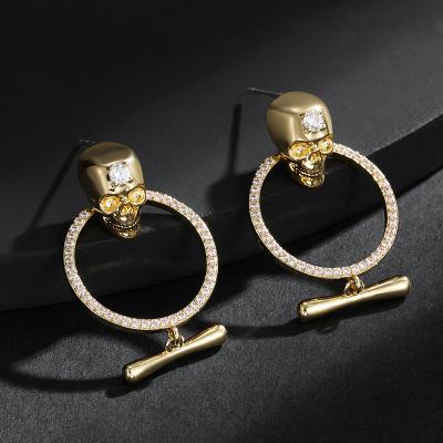 China Halloween Skull Earrings European Pop Skull Tassel Earrings Punk Gold Plated Skull With Zircon Circle Women Earrings for sale