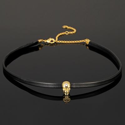 China Halloween Skull European Pop Women Punk Necklace Gold Leather Skull With Beautiful Zircon Bone Choker Necklace for sale