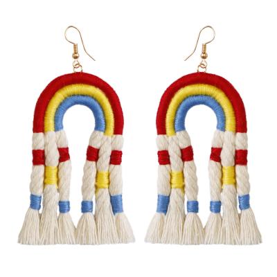 China Colorful Ethnic Bohemia Cotton Yarn Tassel INS Handmade Rainbow Yarn Rainbow Earrings For Women for sale