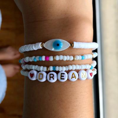 China Wholesale Evil Eye Letter Dream Shell Evil Eye Shell Bracelet Polymer Clay Beaded 4PCS Bracelet Bohemian Set For Women for sale