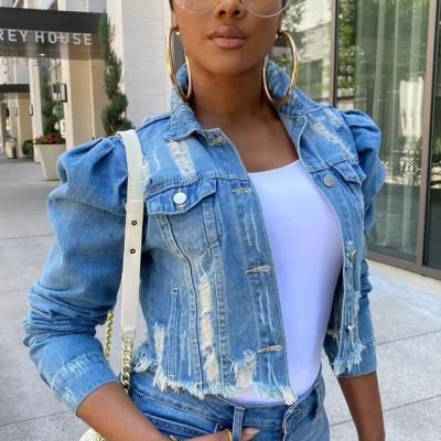 China Women Plus Size Puff Sleeve Ladies Denim Jacket Coat Jean Jackets Plus Size Casual Ripped Holes Women for sale