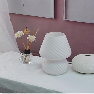 China Modern Glass USB LED Desk Lamp Bedside Striped Mushroom Table Light For Bedroom Decoration for sale