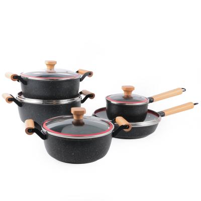 China Sustainable High Quality Yuantai OEM/ODM Stainless Steel With Wooden Handle 5pcs Non-stick Cooking Pot Set for sale