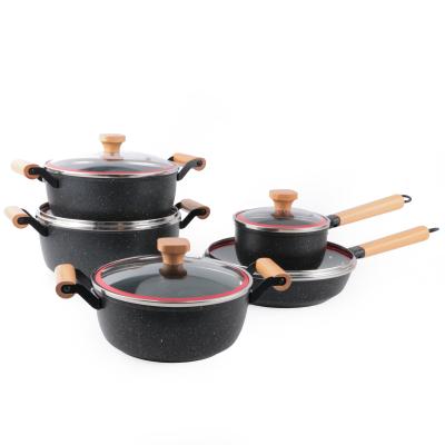 China Yuantai RTS Sustainable High Quality Stainless Steel With Handle 5pcs Wooden Steel Nonstick Cooking Pot Set for sale