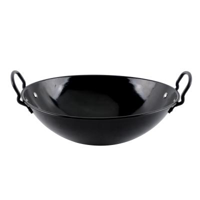 China Yuantai OEM/ODM Viable Hot Selling Black Enamel Cast Iron Frying Pot Wok With Double Earing Handles for sale