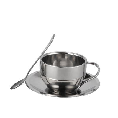 China Hot Selling Modern Double Walled Stainless Steel With Spoon And Saucer Tea Cup Coffee Mugs Cup Set For Restaurant Cafe for sale