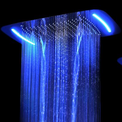 China Without Slide Bar Bathroom 680x430mm Ceiling LED Shower Faucet Set Stainless Steel Rain Shower Head Thermostatic Valve Diverter With Body Jets for sale