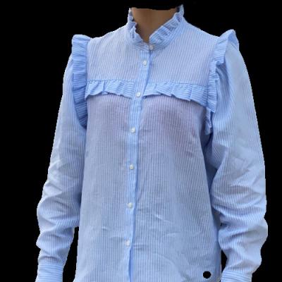 China Breathable Hot Sales Poplin Home Fashion Light Blue Short Ruffled Blouse For Women for sale