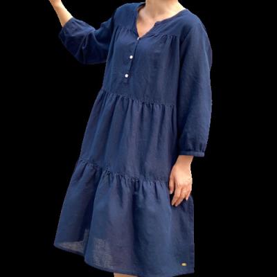 China Latest Design Navy Breathable Long Elegant Cotton V-Neck Outdoor 100% Female Dress for sale