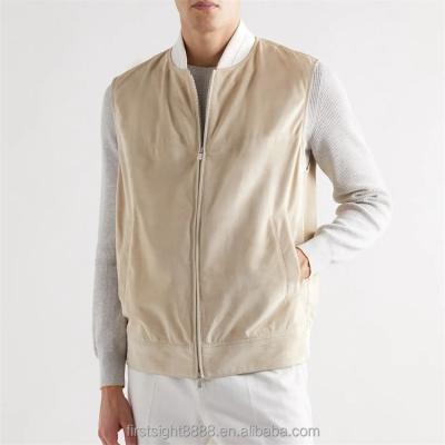 China Custom Anti-Wrinkle Beige Two Way Zipper Baseball Jacket Suede Sleeveless Vest For Men for sale