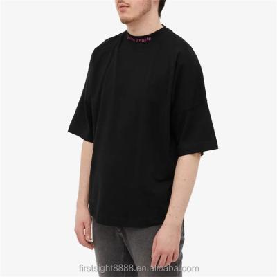 China 100% Custom Made Half Sleeve Drop Shoulder Cotton Anti-Wrinkle Logo Backing Mock Neck Oversized T-Shirt For Men for sale