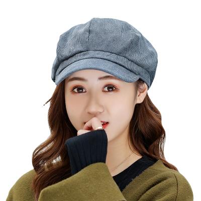 China Character Fashion Design Fine Grain Corduroy Octagonal Berets For Ladies Retros Solid Color Furry Berets for sale