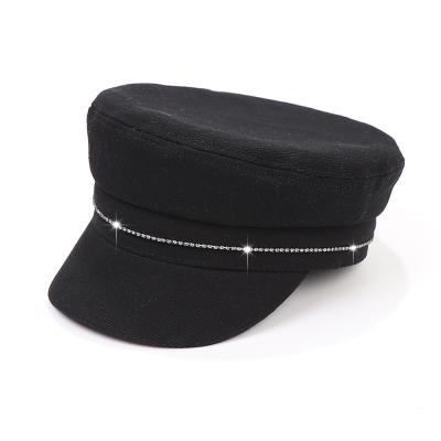 China Character fashion design berets drill chain flat surface hat solid color military simple brim short berets for sale