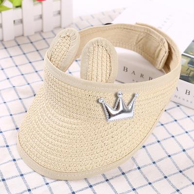 China Summer Straw Hat Striped Foldable Kids Sun Visor Empty Top Hat Rabbit Ears Hat for sale