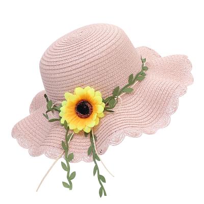 China Cute character summer fashion kids hats sunflower wave gutters lace up children's straw hats for sale